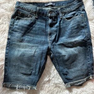 Hollister Men's Dark Blue Distressed Denim Cutoff Shorts